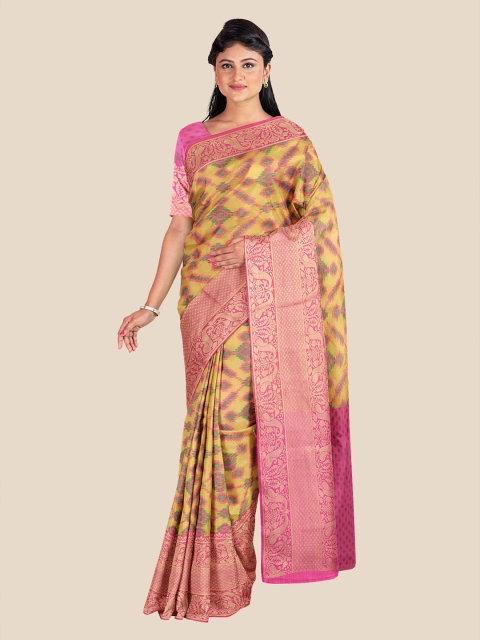 

Kalamandir Yellow & Pink Floral Banarasi Saree