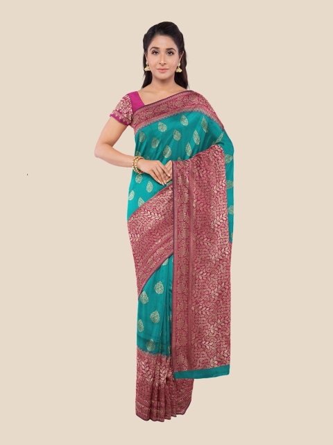 

Kalamandir Teal & Pink Woven Design Zari Silk Blend Banarasi Saree