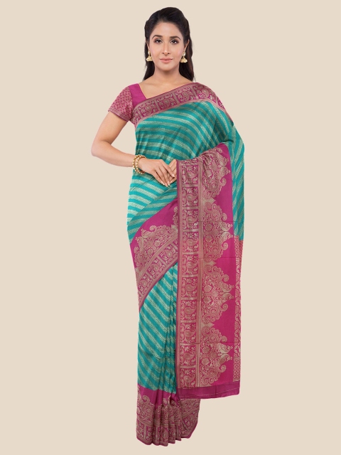 

Kalamandir Teal & Pink Woven Design Zari Silk Blend Banarasi Saree