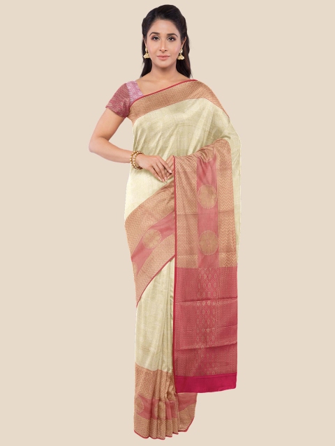 

Kalamandir Cream-Coloured & Pink Floral Zari Silk Blend Banarasi Saree