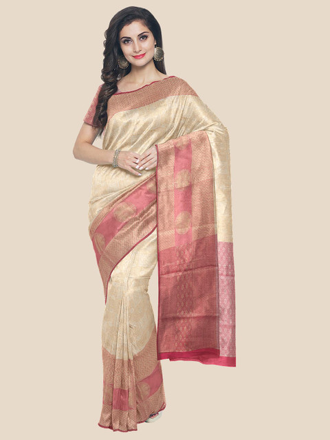 

Kalamandir Beige & Pink Floral Silk Blend Banarasi Saree