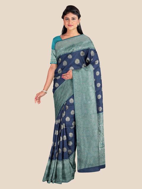 

Kalamandir Navy Blue & Green Floral Silk Blend Banarasi Saree