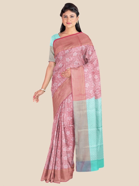 

Kalamandir Pink & Turquoise Blue Floral Zari Silk Blend Banarasi Saree