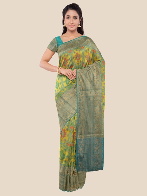 

Kalamandir Yellow & Grey Floral Zari Silk Blend Banarasi Saree