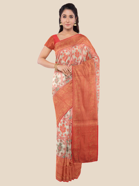 

Kalamandir Cream-Coloured & Red Silk Blend Banarasi Saree