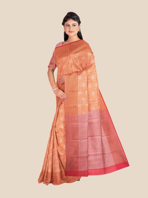 

Kalamandir Orange & Red Floral Zari Silk Blend Banarasi Saree