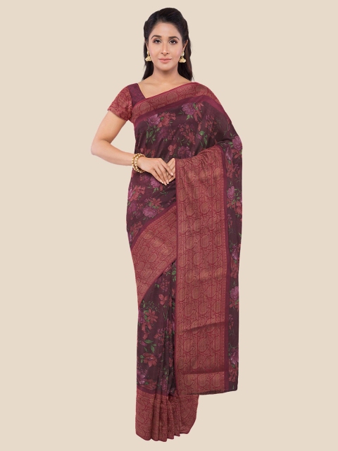 

Kalamandir Purple & Red Floral Zari Silk Blend Banarasi Saree