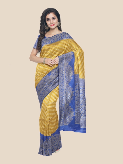 

Kalamandir Mustard & Blue Striped Silk Blend Banarasi Saree