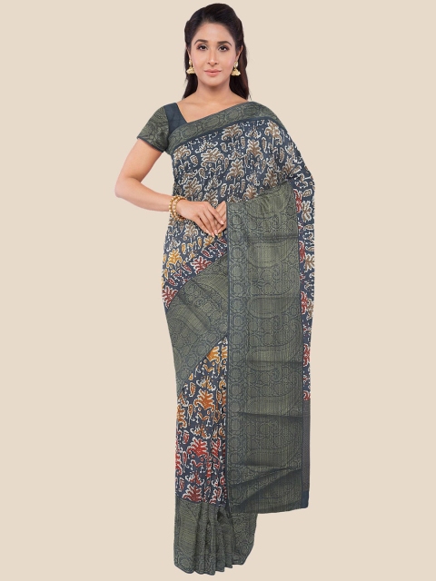 

Kalamandir Navy Blue & Brown Floral Silk Blend Banarasi Saree