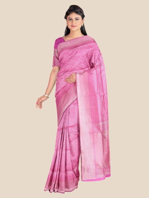 

Kalamandir Pink & Silver-Toned Floral Zari Silk Blend Banarasi Saree