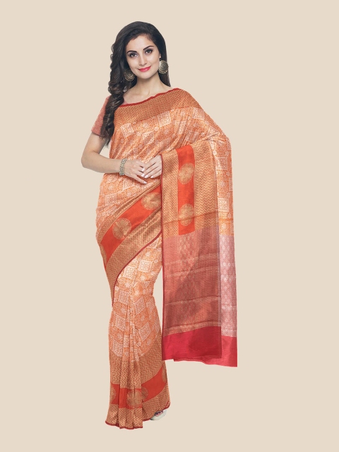 

Kalamandir Orange & Gold-Toned Floral Silk Blend Banarasi Saree
