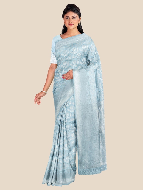 

Kalamandir Blue & Silver-Toned Floral Zari Silk Blend Banarasi Saree