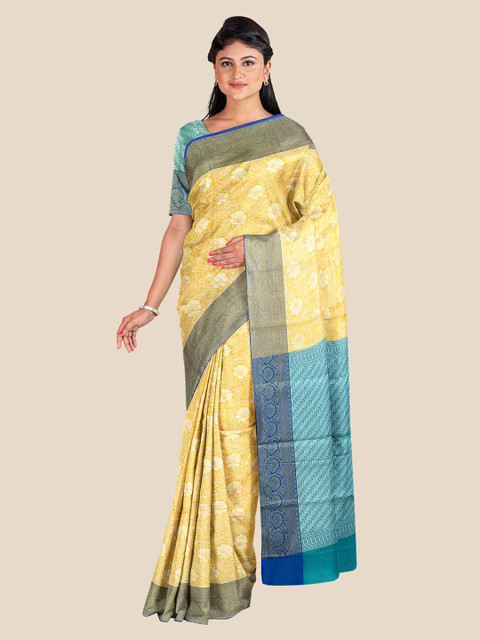 

Kalamandir Yellow & Blue Floral Silk Blend Banarasi Saree