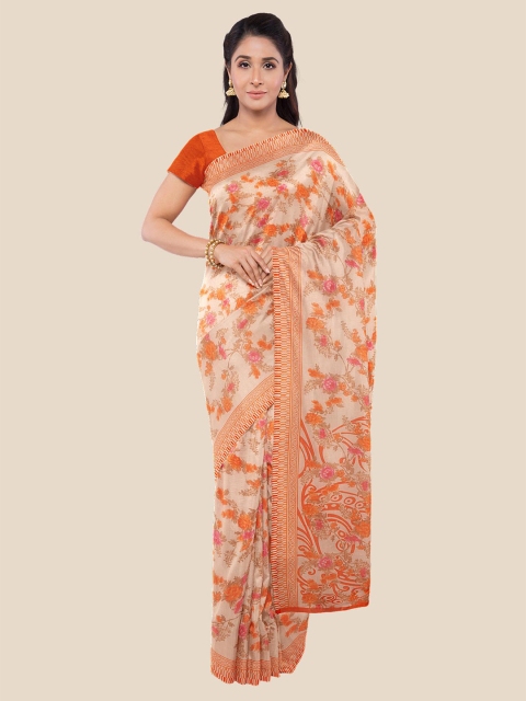 

Kalamandir Cream-Coloured & Orange Floral Saree