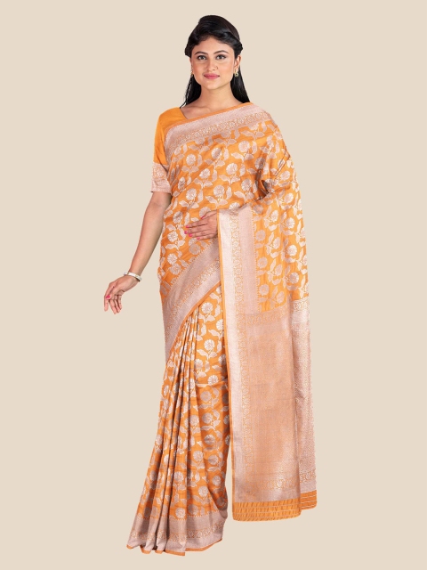 

Kalamandir Orange & Silver-Toned Floral Silk Blend Banarasi Saree