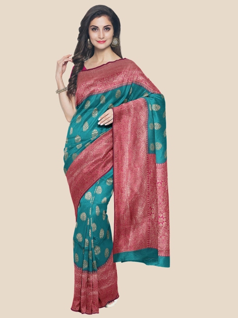 

Kalamandir Teal & Maroon Floral Silk Blend Banarasi Saree