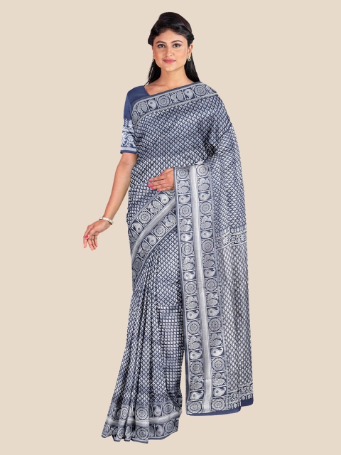 

Kalamandir Navy Blue & Silver-Toned Woven Design Zari Silk Blend Banarasi Saree