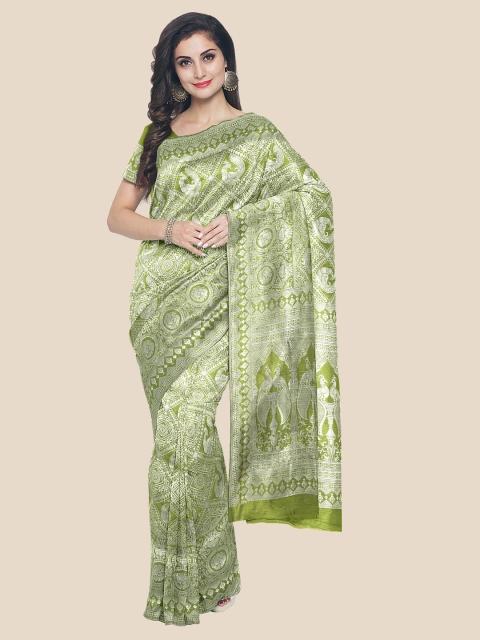 

Kalamandir Green & Silver-Toned Floral Zari Silk Blend Banarasi Saree