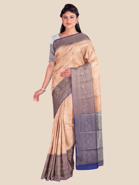 

Kalamandir Peach-Coloured & Blue Floral Zari Silk Blend Banarasi Saree