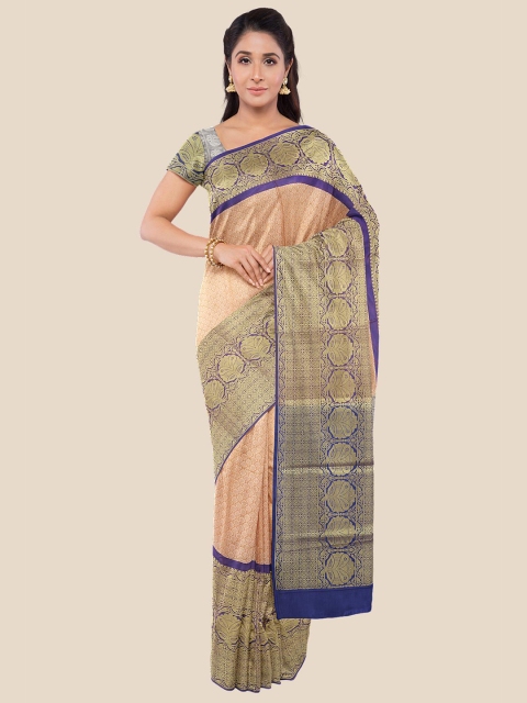 

Kalamandir Peach-Coloured & Blue Floral Zari Silk Blend Banarasi Saree
