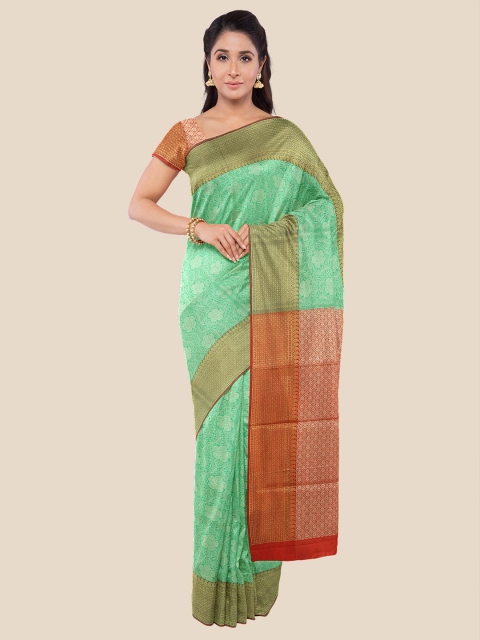 

Kalamandir Sea Green & Red Floral Zari Silk Blend Banarasi Saree