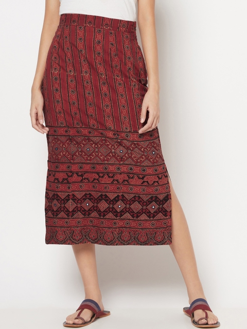 

Fabindia Women Red & Blue Printed Pure Cotton A-Line Midi Skirt