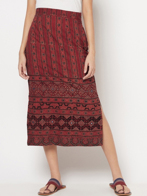 

Fabindia Women Red & Black Ajrakh Printed Pure Cotton A-Line Midi Skirt