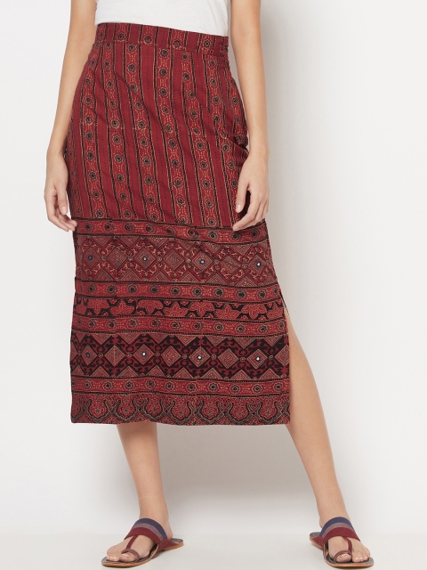 

Fabindia Women Red Printed Straight Midi Cotton Skirt