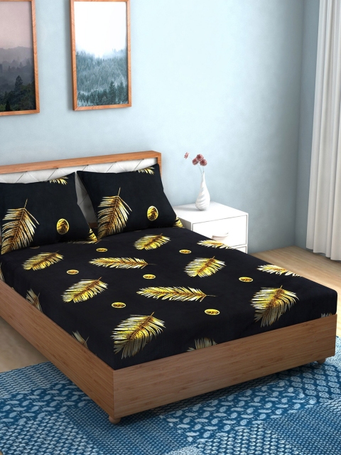 

TAG 7 Black & Yellow Floral Printed Cotton144 TC King Bedsheet with 2 Pillow Covers