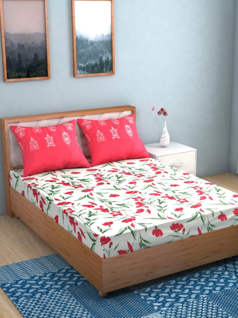 

TAG 7 White & Coral Floral Printed Cotton 144 TC King Bedsheet with 2 Pillow Covers