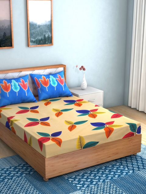 

TAG 7 Beige & Blue Floral Printed Cotton 144 TC King Bedsheet with 2 Pillow Covers
