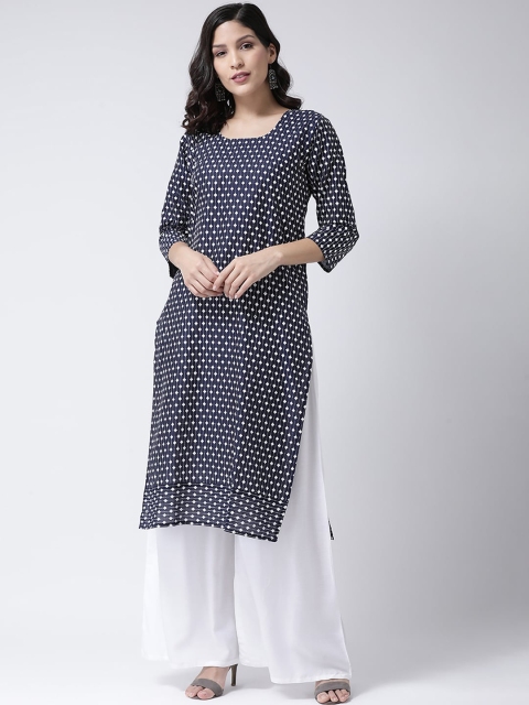 

Charitra Women Navy Blue & White Geometric Printed Regular Kurta With Palazzos