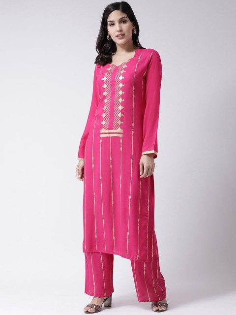 

Charitra Women Pink Printed High Slit Kurti with Palazzos