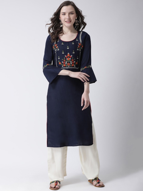 

Charitra Women Navy Blue Floral Embroidered Regular Kurta with Palazzos