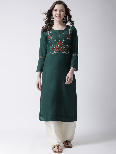 

Charitra Women Green Yoke Design Regular Thread Work Kurti with Palazzos