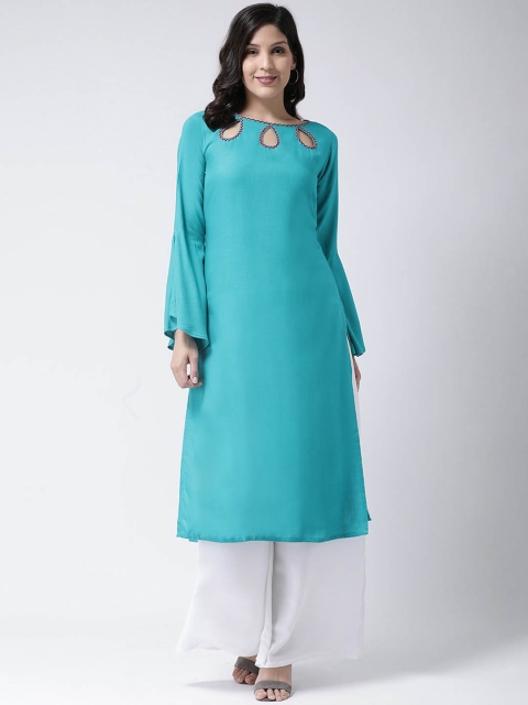 

Charitra Women Turquoise Blue Regular Kurta with Palazzos With Embroidered Detail