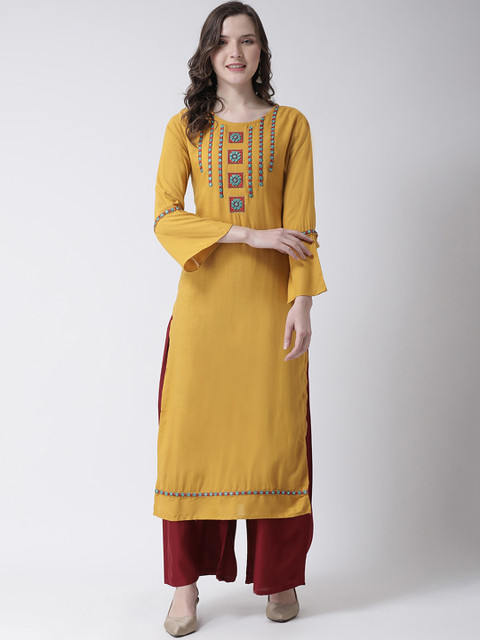 

Charitra Women Mustard Yellow & Maroon Floral Regular Kurta with Palazzos