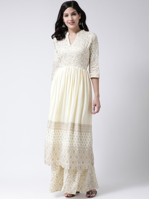 

Charitra Women Cream-Coloured Ethnic Motifs Printed Pleated Kurta with Sharara