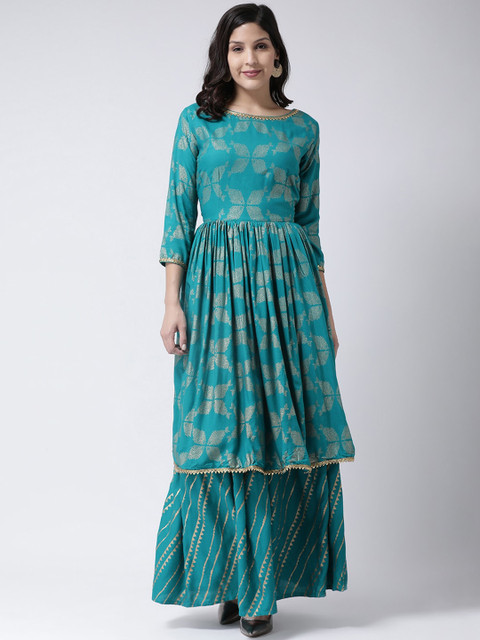 

Charitra Women Turquoise Blue Printed Pleated Gotta Patti Kurta with Skirt