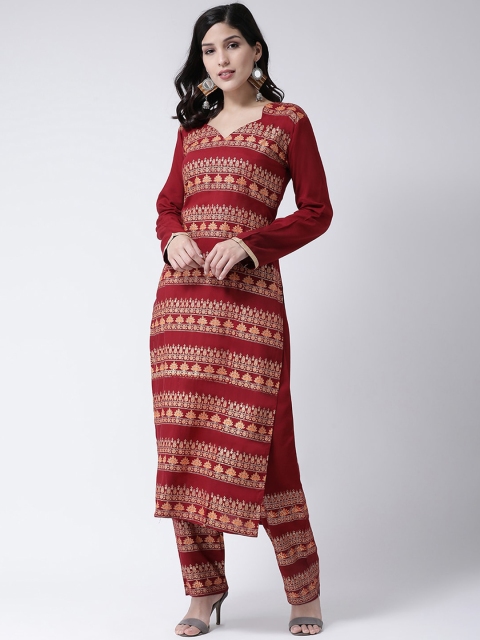 

Charitra Women Maroon Printed Angrakha Kurta with Trousers