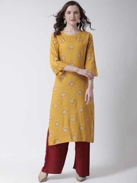 

Charitra Women Mustard Yellow & Maroon Floral Printed Regular Kurta with Palazzos