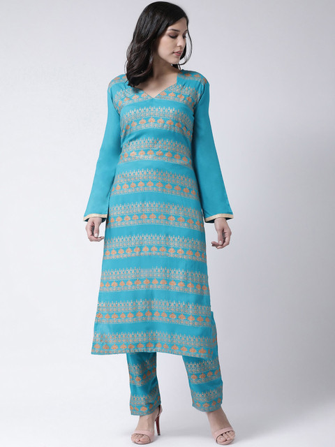 

Charitra Women Turquoise Blue Ethnic Motifs Printed Regular Kurta with Trousers