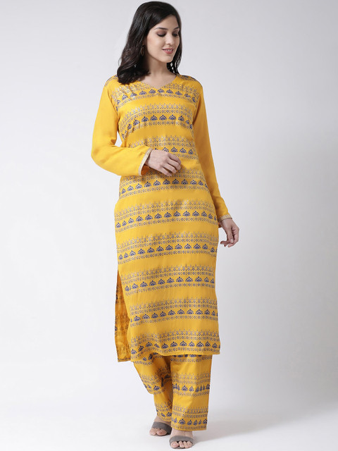 

Charitra Women Mustard Yellow Ethnic Motifs Printed Regular Kurta with Palazzos