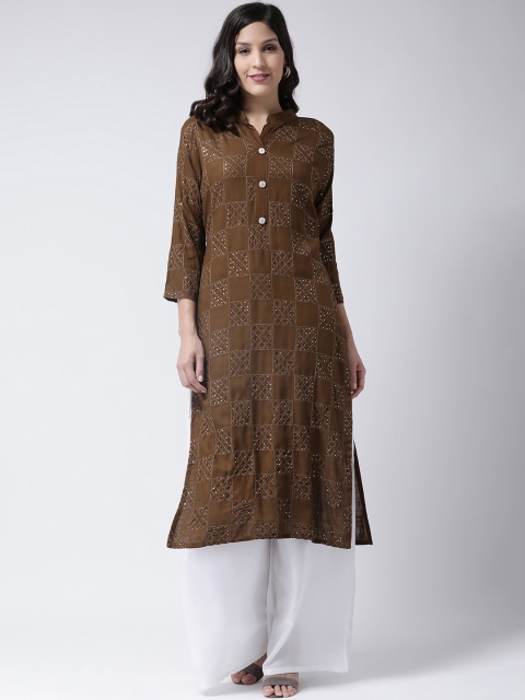 

Charitra Women Brown Ethnic Motifs Striped Pleated Kurta with Palazzos
