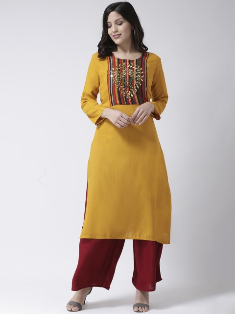

Charitra Women Mustard Yellow Floral Yoke Design Regular Kurta with Palazzos