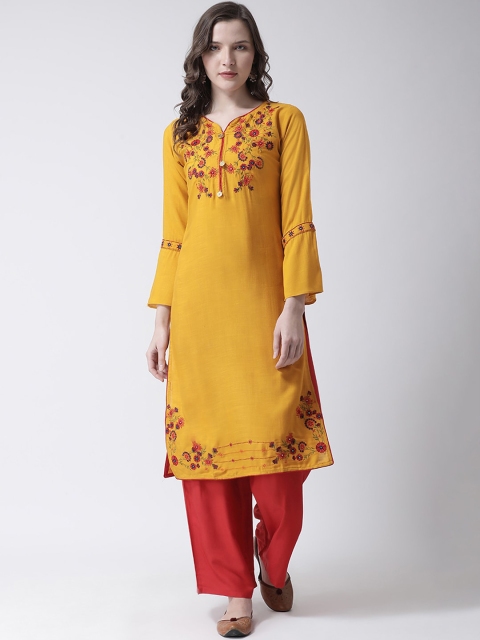 

Charitra Women Mustard Yellow Ethnic Motifs Yoke Design Regular Kurta with Palazzos