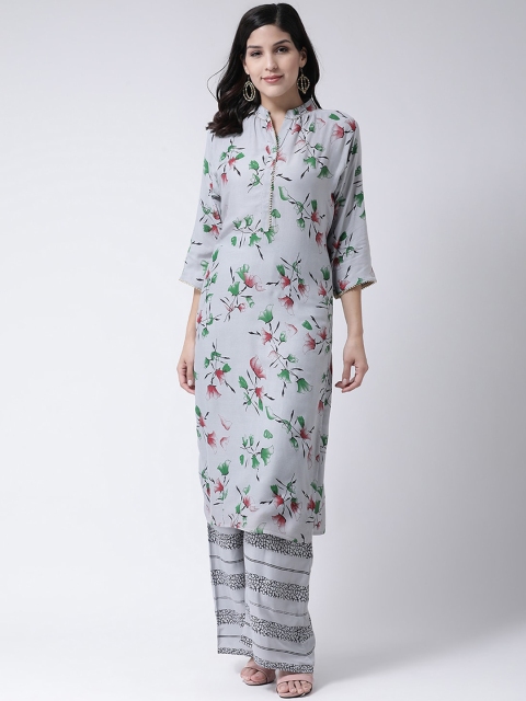 

Charitra Women Grey Floral Printed Pleated Kurti with Trousers