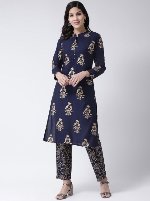 

Charitra Women Navy Blue Floral Printed Regular Kurta with Trousers