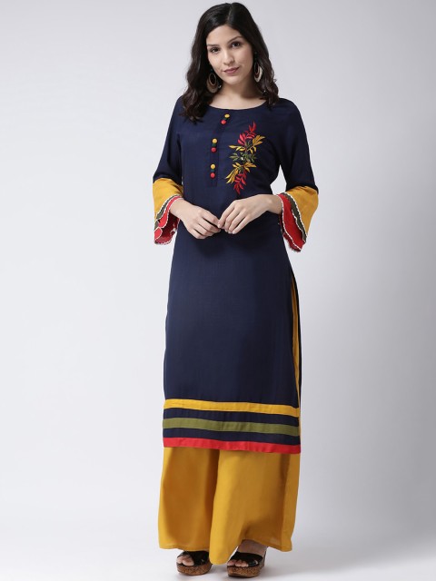 

Charitra Women Navy Blue Floral Embroidered Regular Thread Work Kurta with Palazzos
