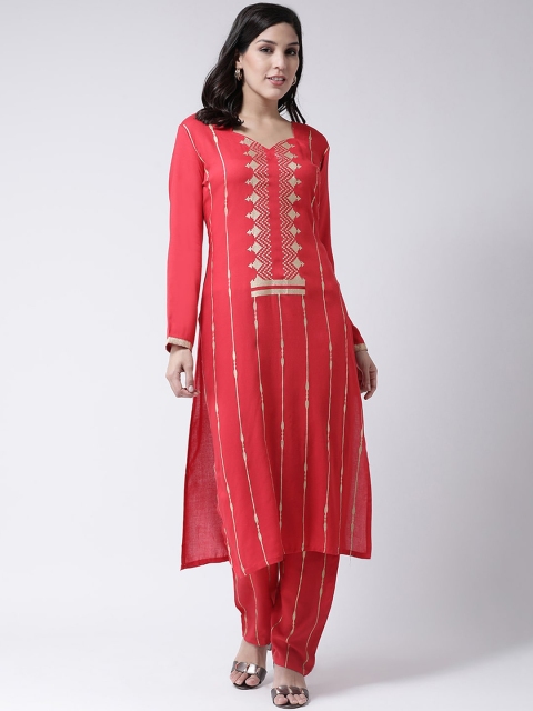 

Charitra Women Red Ethnic Motifs Striped Pleated Kurti with Trousers & With Dupatta